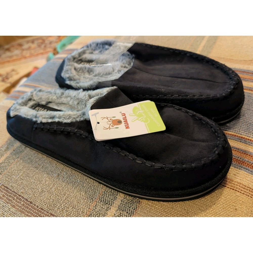 KuaiLu Mens Clog Slippers with Arch Support Black Suede Faux Fur Memory US 11